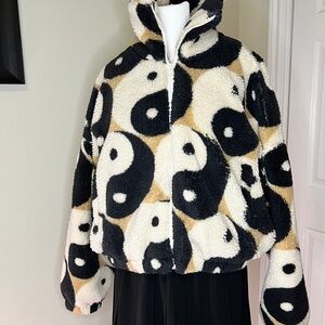 Urban Outfitters Yin Yang Teddy Jacket - Black, White, Tan